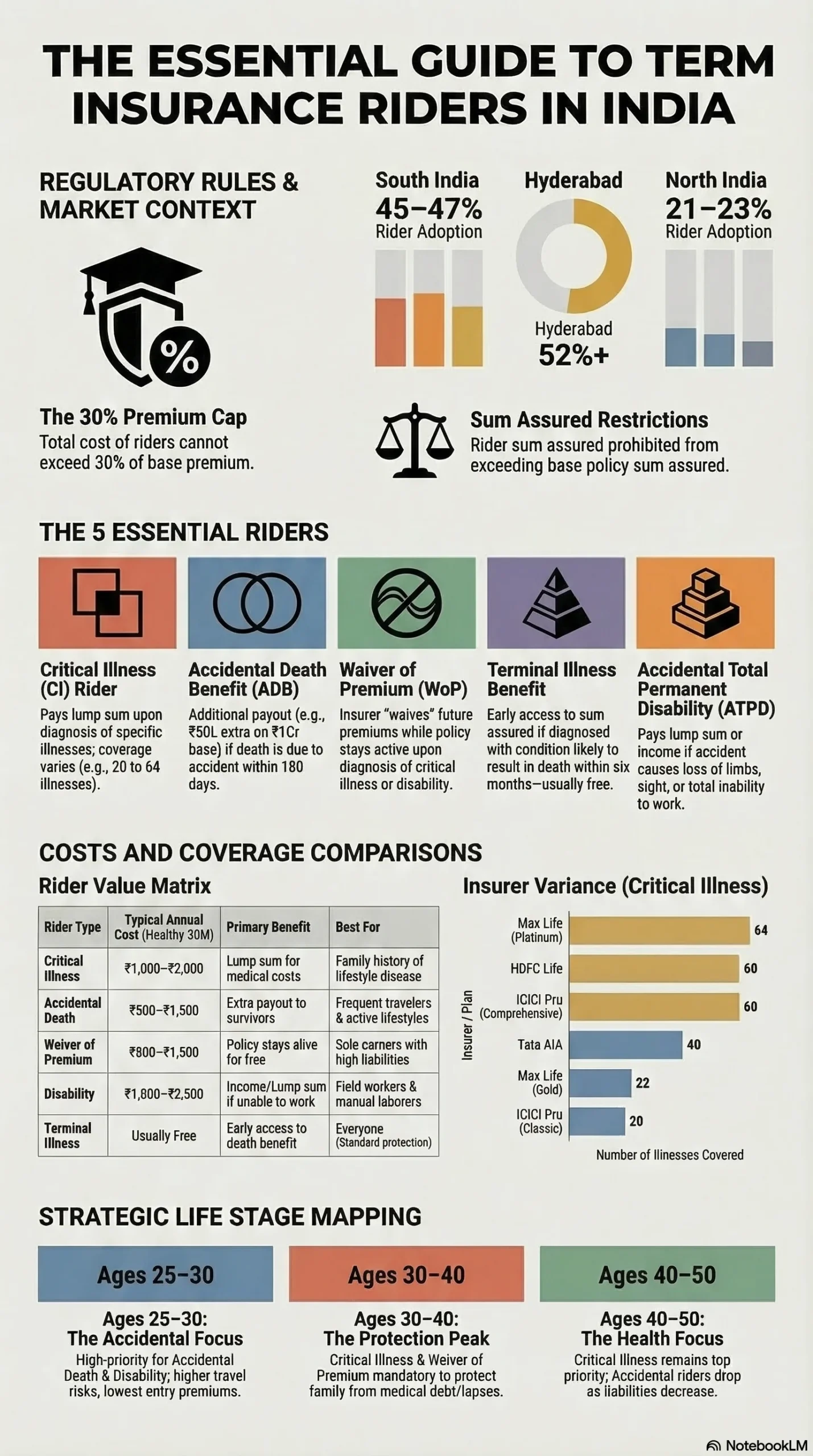 Infographic showing the 5 essential term insurance riders, costs, coverage, and age-based recommendations