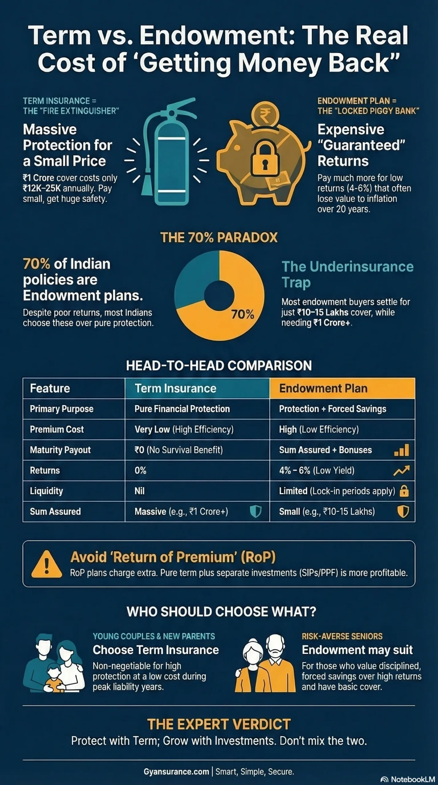 Infographic comparing term insurance and endowment plans - costs, returns, flexibility, and who should choose what